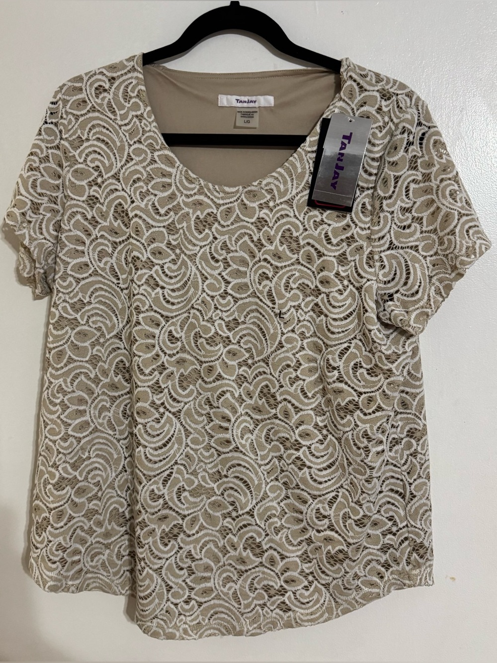 TanJay White Lace Overlay on Beige Knit Short Sleeve Top Size L NWT